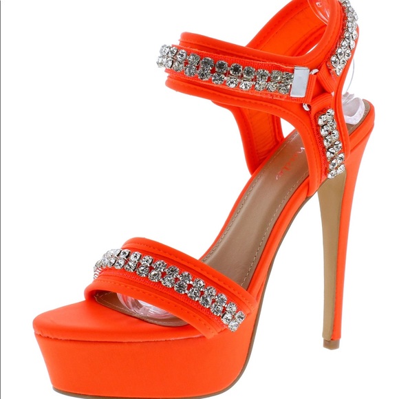 Neon Orange Crystal Embellished Square Toe  High Heel Platform Sandals - Picture 4 of 4
